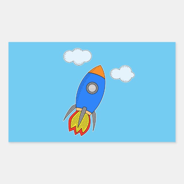 Cartoon Space Rocket In Blue Sky Rectangular Sticker (Front)
