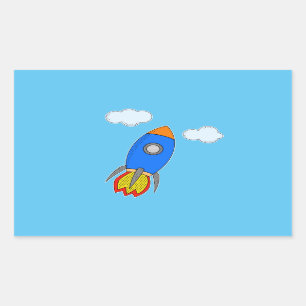 Cartoon Space Rocket In Blue Sky Rectangular Sticker
