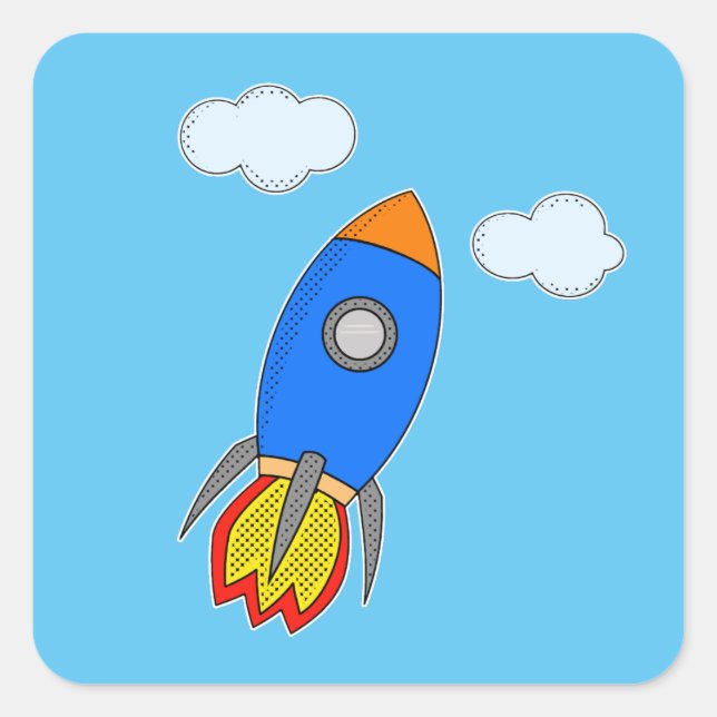 Cartoon Space Rocket In Blue Sky Square Sticker (Front)