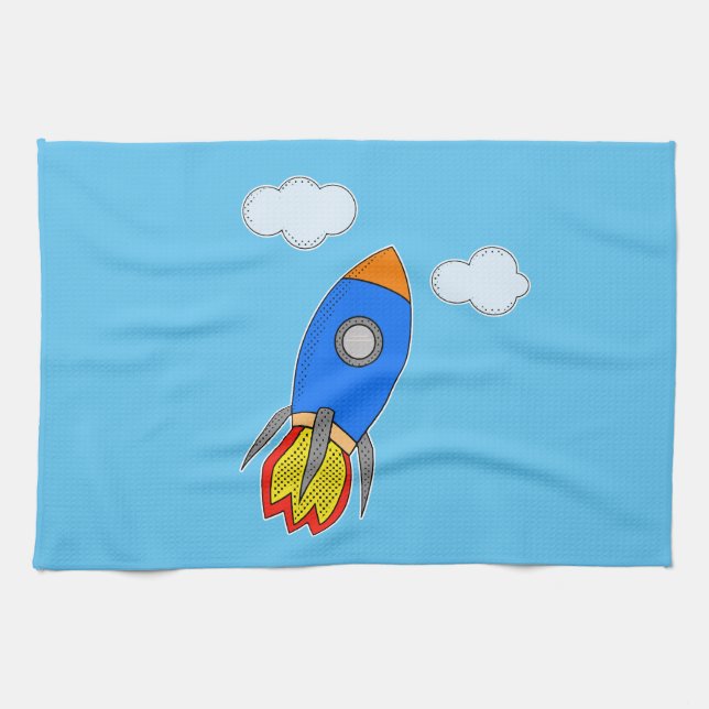 Cartoon Space Rocket In Blue Sky Tea Towel (Horizontal)
