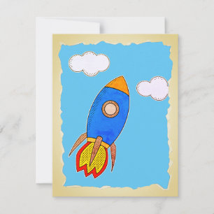 Cartoon Space Rocket In Blue Sky Torn Paper Invitation