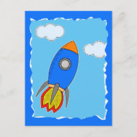 Cartoon Space Rocket In Blue Sky Torn Paper