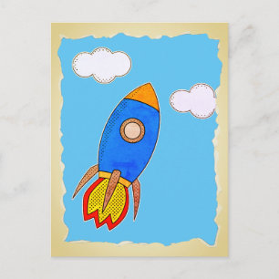 Cartoon Space Rocket In Blue Sky Torn Paper  Postcard