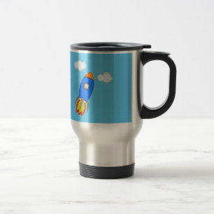 Cartoon Space Rocket In Blue Sky Travel Mug