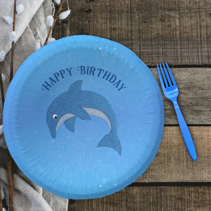 Cartoon Sparkle blue White Birthday Dolphin  Paper Plate