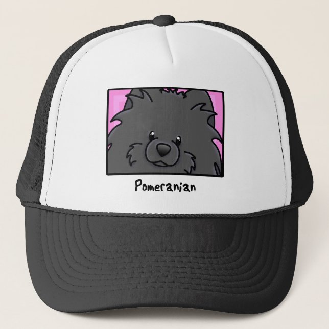 Cartoon Square Black Pomeranian Trucker Hat (Front)