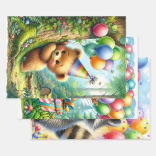 Cartoon Squirrel, Baby Bear and Racoon Birthday Wrapping Paper Sheet