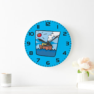 Cartoon Steamship on Ocean Waves Nautical Art  Large Clock