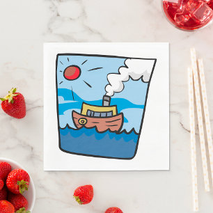 Cartoon Steamship on Ocean Waves Nautical Art Napkin