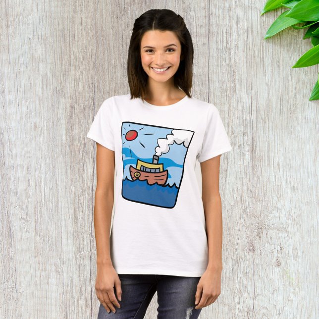 Cartoon Steamship on Ocean Waves Nautical Art  T-Shirt (Creator Uploaded)