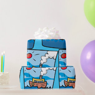 Cartoon Steamship on Ocean Waves Nautical Art  Wrapping Paper