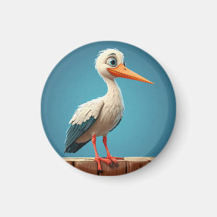 Cartoon Stork with Bright Eyes on Wooden Fence Magnet