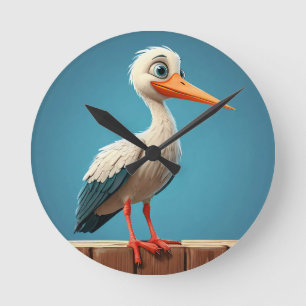 Cartoon Stork with Bright Eyes on Wooden Fence Round Clock