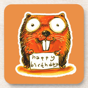 cartoon style beaver holds happy birthday message coaster