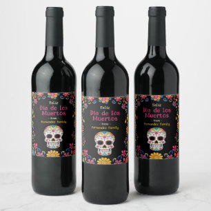 💀🎉 Cartoon style black Día de Muertos Party  Wine Label