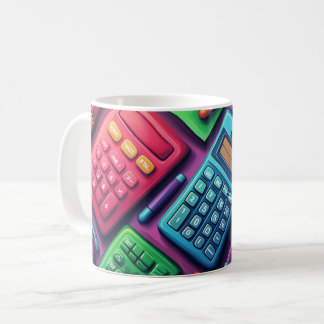 cartoon-style calculator sports a bright blue  coffee mug