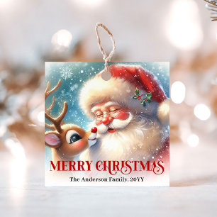 Cartoon Style Cute Santa and Rudolph Christmas Tag