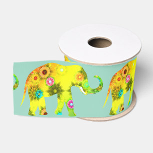 Cartoon-style Elephant Vibrant Flowers Playful Grosgrain Ribbon