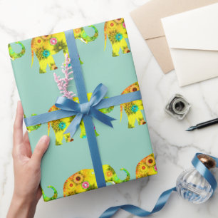 Cartoon-style Elephant Vibrant Flowers Playful Wrapping Paper