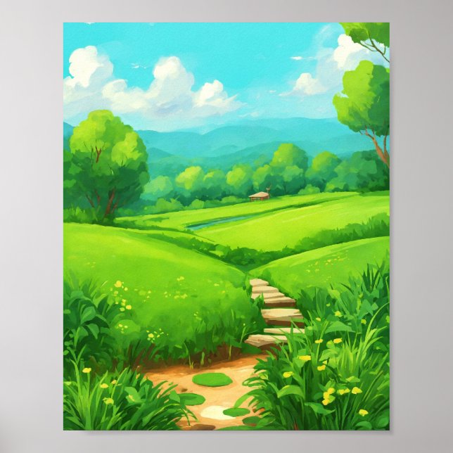Cartoon-Style Grass Field Landscape Painting Poster (Front)
