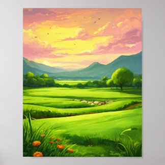 Cartoon-Style Grass Field Landscape Painting Poster