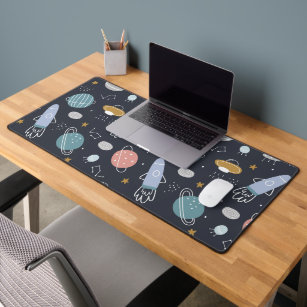 Cartoon Style Planets and Space Rockets Pattern Desk Mat