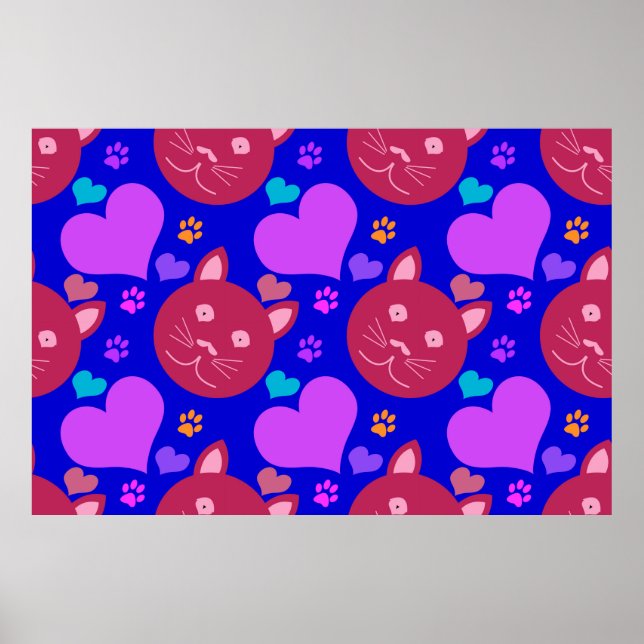 Cartoon style seamless wallpaper with cat face and poster (Front)