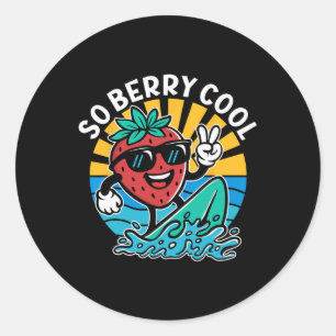 Cartoon Style Surfing Strawberry So Berry Cool Sum Classic Round Sticker