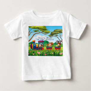 Cartoon Style Train Ride in the Forest Green Blue Baby T-Shirt
