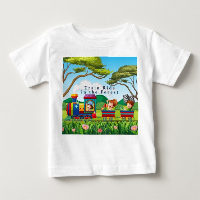 Cartoon Style Train Ride in the Forest Green Blue Baby T-Shirt (Front)