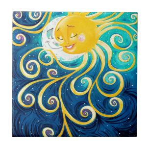 cartoon sun and moon love peace tile