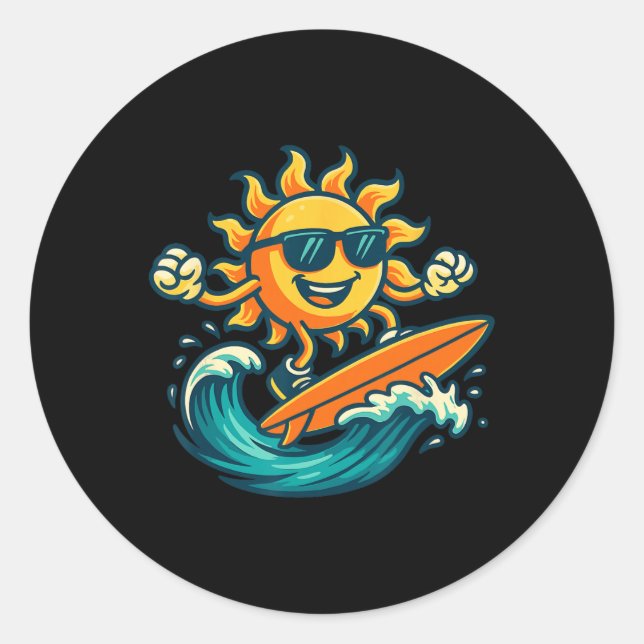 Cartoon Sun Surfing Summer Beach Wave Art  Classic Round Sticker (Front)