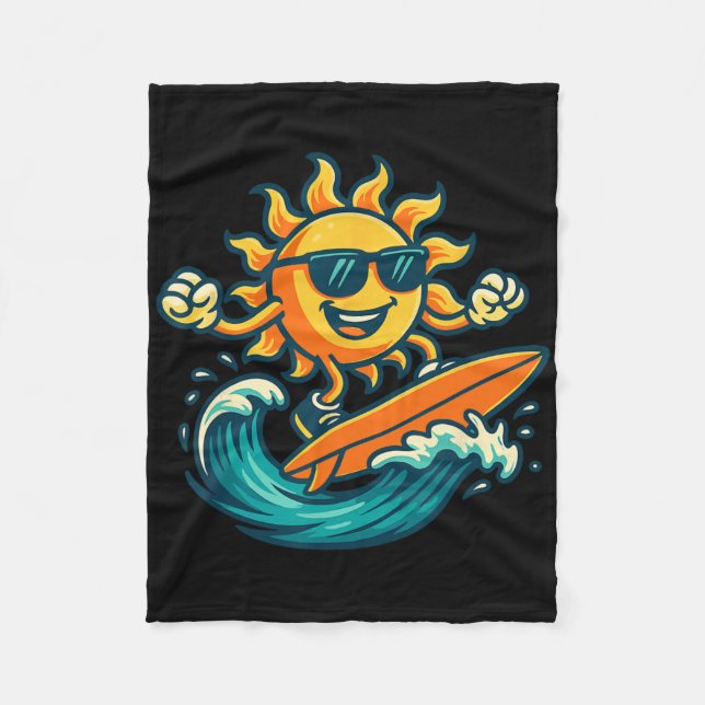 Cartoon Sun Surfing Summer Beach Wave Art  Fleece Blanket (Front)