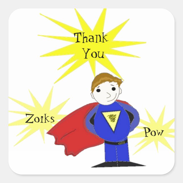 Cartoon Super Hero Thank You Square Sticker (Front)
