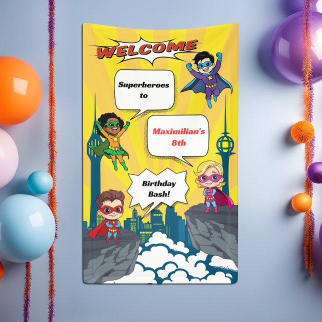 Cartoon Superhero Birthday Party Welcome Banner (Creator Uploaded)