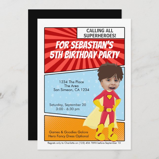 Cartoon Superhero Novelty Comic Birthday Party Invitation (Front/Back)