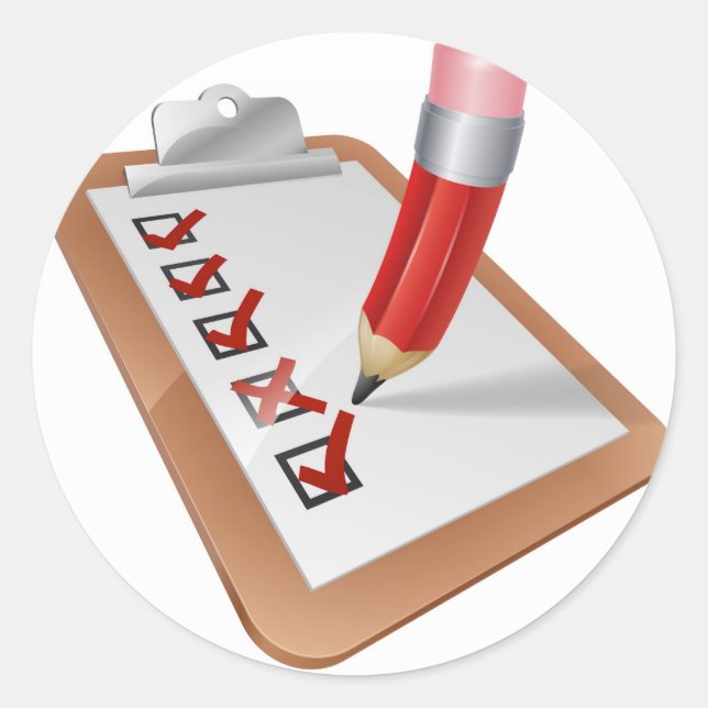 Cartoon Survey Clipboard with Pencil Classic Round Sticker (Front)