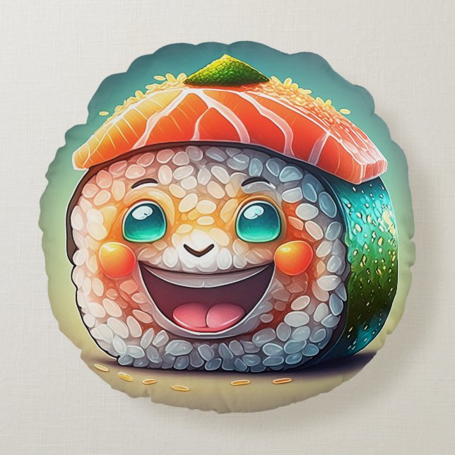 Cartoon Sushi Round Pillow – Whimsical Design Fun (Front)