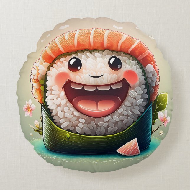Cartoon Sushi Round Pillow – Whimsical Design Fun (Front)