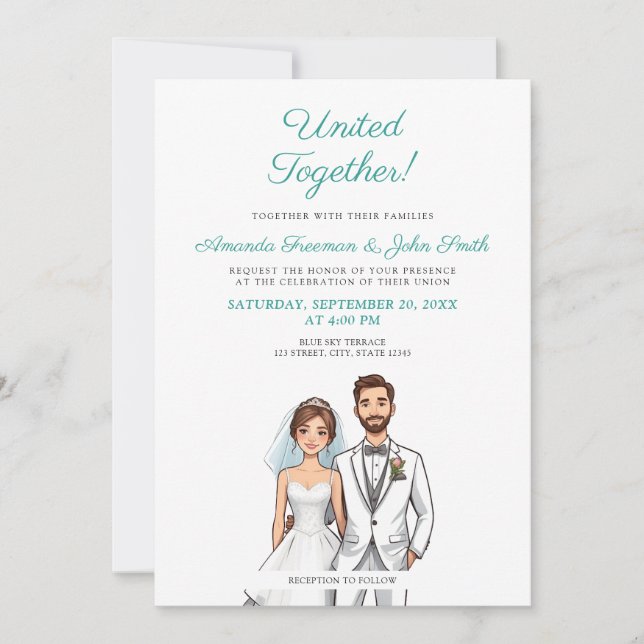 Cartoon Teal & White Photo Personalised Wedding Invitation (Front)
