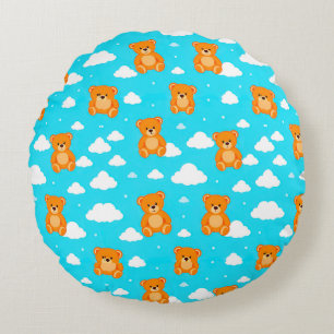 Cartoon Teddy Bears with Clouds on Blue Background Round Cushion