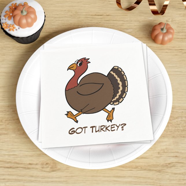 Cartoon Thanksgiving Turkey Paper Napkins (Got Turkey? A funny cartoon thanksgiving turkey trotting along this white paper napkin)