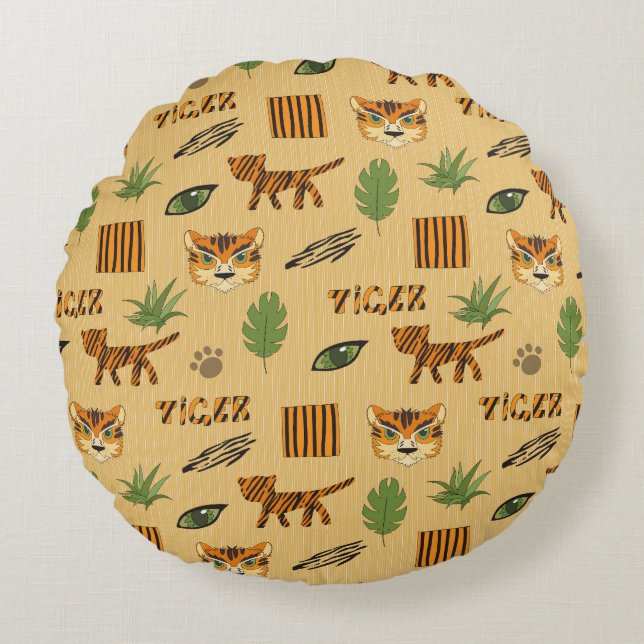Cartoon Tiger: Cheerful Children's Pattern. Round Cushion (Front)