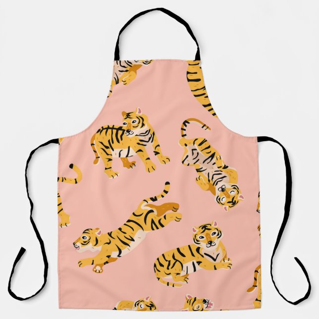Cartoon tigers, pink vintage pattern. apron (Front)