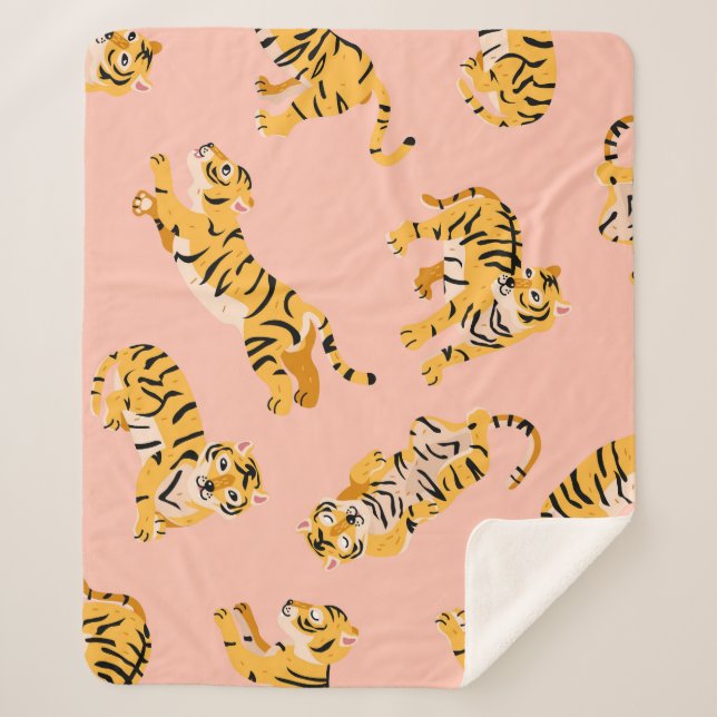 Cartoon tigers, pink vintage pattern. sherpa blanket (Front)