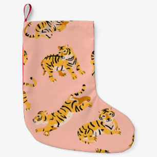 Cartoon tigers, pink vintage pattern. small christmas stocking