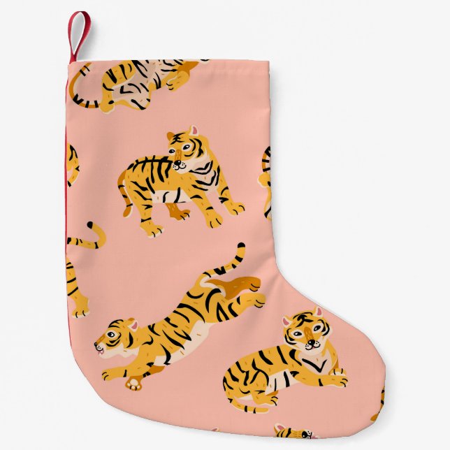 Cartoon tigers, pink vintage pattern. small christmas stocking (Front)