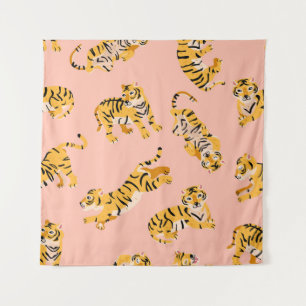 Cartoon tigers, pink vintage pattern. tapestry