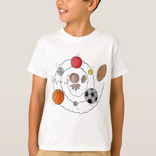 Cartoon toddler boy dreaming of sport's balls T-Shirt (Front)