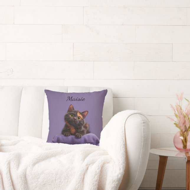 Cartoon Tortoiseshell Kitten on Purple Cushion (Couch)